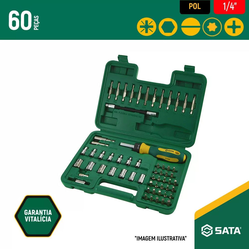 Jogo de Soquetes Sextavados e Bits de 1/4 Pol. com 60 Peças